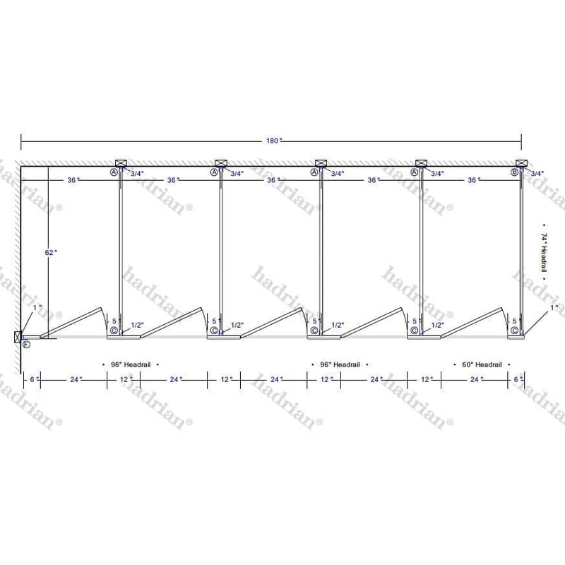 Hadrian Toilet Partition, 5 In Corner Compartments, Stainless Steel, 180"W x 61 1/4"D - IC53660-SS-HADRIAN - TotalRestroom.com