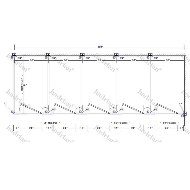 Hadrian Toilet Partition, 5 In Corner Compartments, Stainless Steel, 180"W x 61 1/4"D - IC53660-SS-HADRIAN - TotalRestroom.com