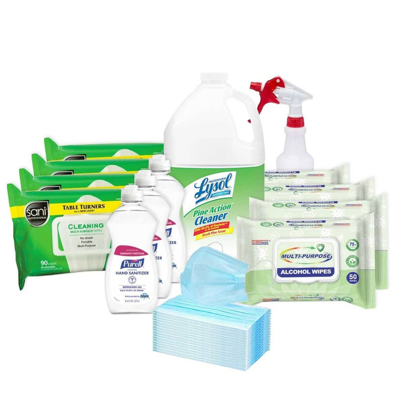 Back to Work Kit w/ Lysol Pine Disinfectant Sanitizer, Purell Hand Sanitizer, Alcohol Wipes, 3-Ply Masks and Spray Bottle - LPAKIT-2 - TotalRestroom.com