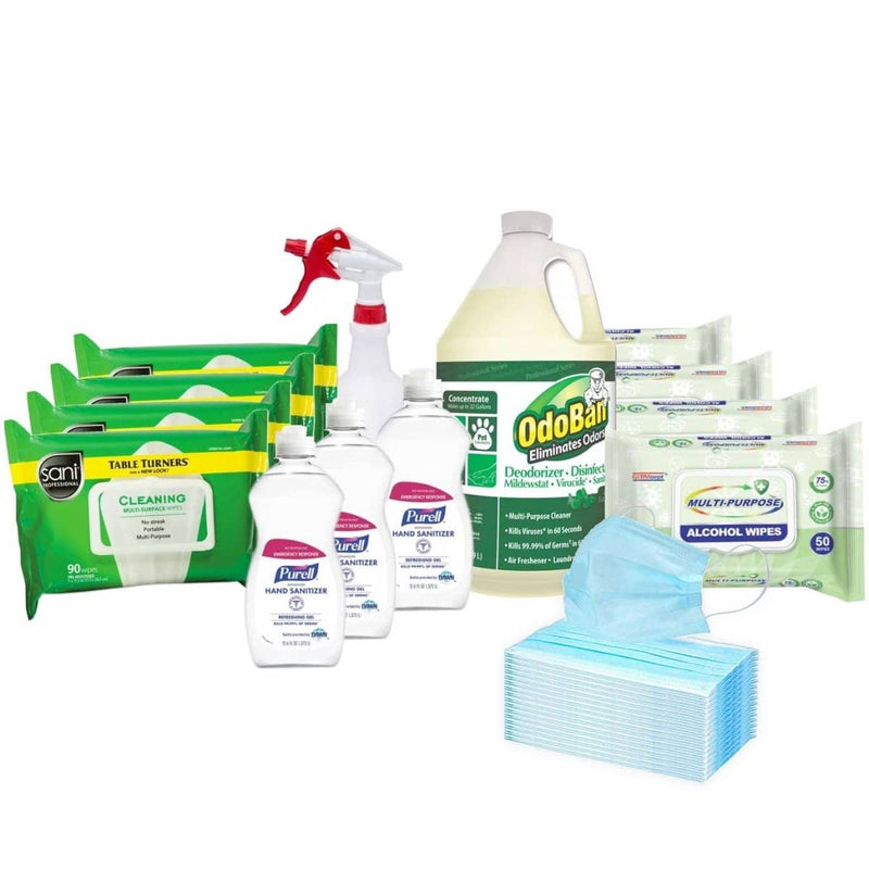 Back to Work Kit w/ Odoban Disinfectant, Purell Hand Sanitizer, Alcohol Wipes, 3-Ply Masks and Spray Bottle - OBCKIT-4 - TotalRestroom.com